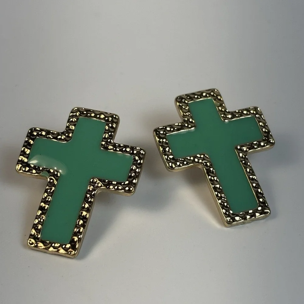 Cross Earrings Religious‎ Crucifix Green Enamel On Gold Tone Huge